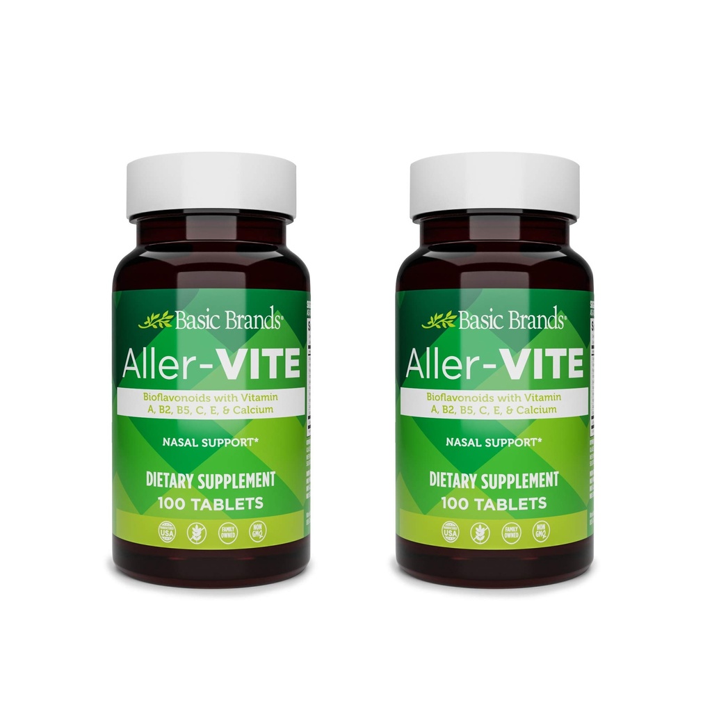 Basic Brands Aller-Vite - Δισκία ανακούφισης φυσικής αλλεργίας - Ομοιοπαθητική Sinus & Ρινική Υποστήριξη με Bioflavonoids, Βιταμίνες A, B2, B5, C, E & Calcium - 100 Vegan Tablets - 2-Pack