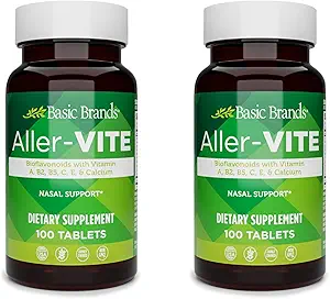 Basic Brands Aller-Vite - Natural Allergy Relief Tablets - Homeopathic Sinus & Nasal Support with Bioflavonoids, Vitamins A, B2, B5, C, E & Calcium - 100 Vegan Tablets - 2-Pack