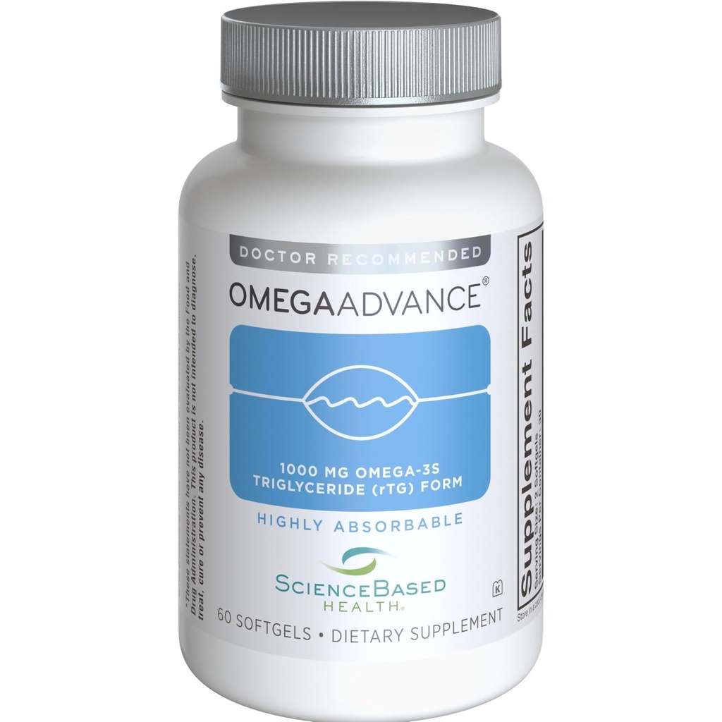 ScienceBased Health OmegaAdvance Omega-3 Fish Oil – Triglyceride Form with 1000 mg EPA & DHA – Plus Lutein & Zeaxanthin – Supports Heart, Brain & Eye Health – Lemon Coated – 60 Softgels