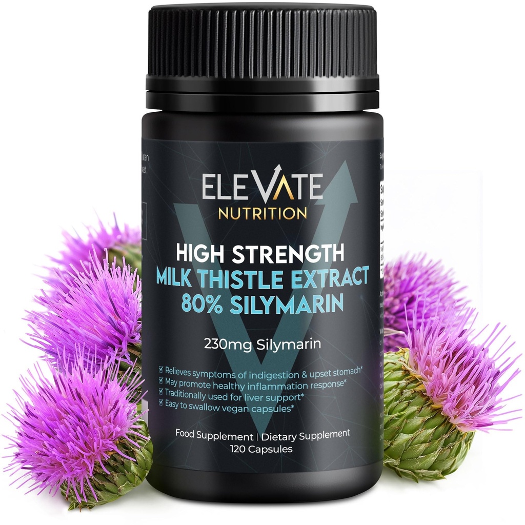 ELEVATE NUTRITION Milk Thistle - 288 mg, 80% εκχύλισμα σιλιμαρίνης - 120 κάψουλες Vegan - Συμπλήρωμα διατροφής - Βοηθά στη διατήρηση της ηπατικής λειτουργίας & Digestive Comfort