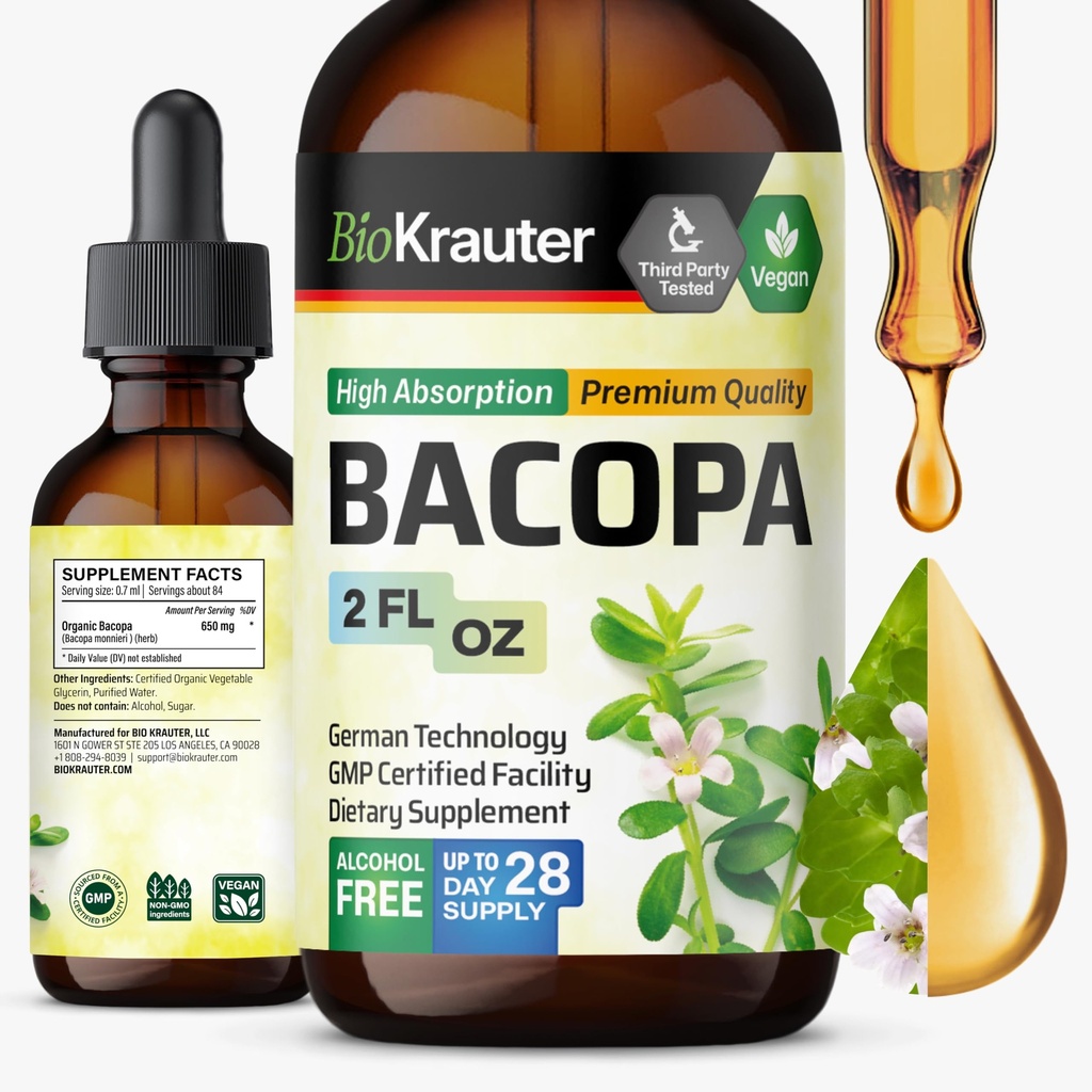 BIO KRAUTER® Bacopa Monnieri for Brain Support - Liquid Drops Bacopa Extract (Brahmi Powder) 650 mg per Serving 2 Fl.Oz - Vegan Brain Supplement, Supports Calm, Focus & Clarity - Alcohol & Sugar Free