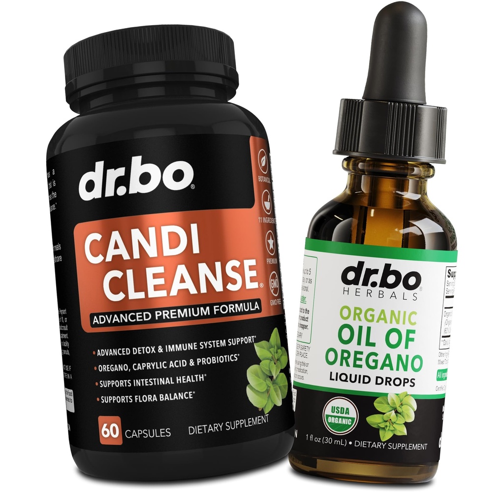 Candi Cleanse & Oregano Oil Drops - Extra Strength Probiotic Complex Cleanser & Organic Liquid - Natural Oral Herbal Caprylic Acid Capsules & Oil of Oregano Drops Tincture Extract