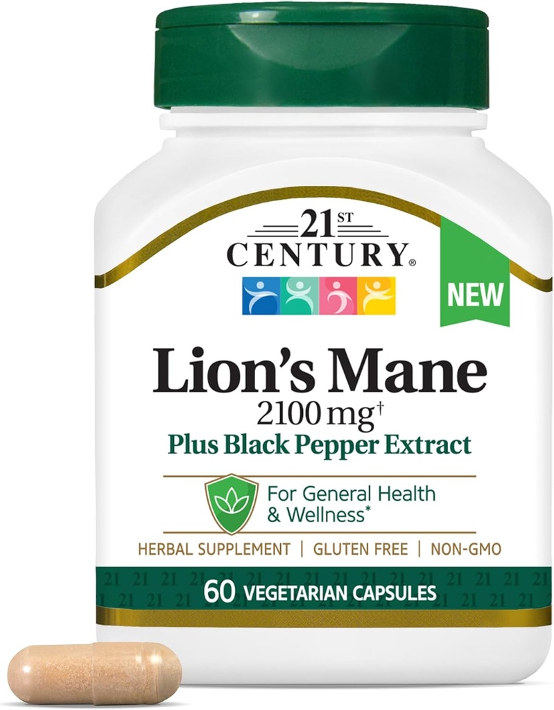 21st Century Lion's Mane 2,100 mg, Plus Black Pepper Extract, Vegetarian Capsules, 60 Count