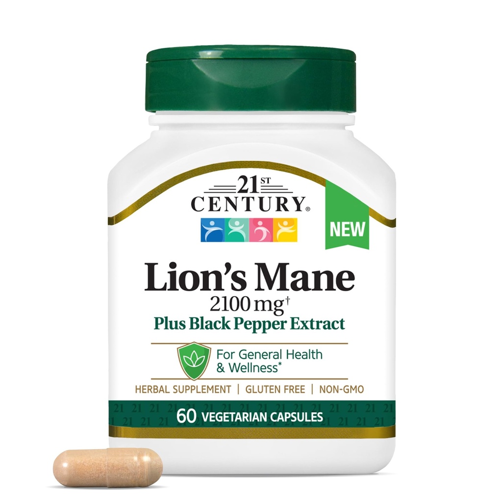 21st Century Lion's Mane 2.100 mg, συν εκχύλισμα μαύρου πιπεριού, κάψουλες χορτοφάγων, 60 Count