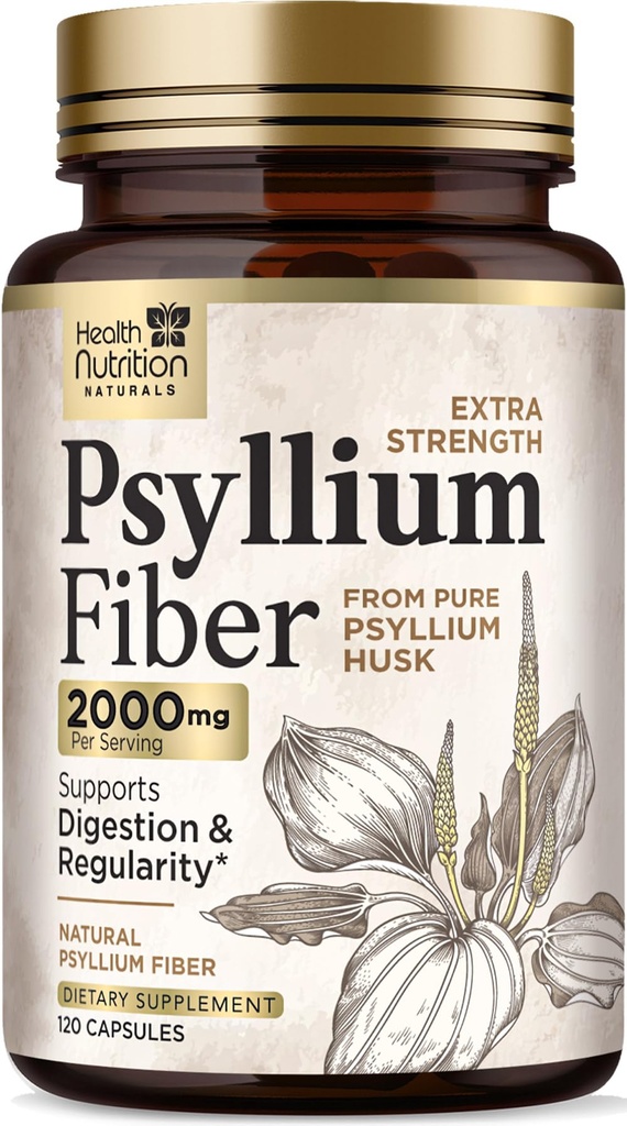 Κάψουλες Psyllium Husk 1500 mg - Χάπια Συμπλήρωμα Φυσικών Ίνων, Καθημερινή Πέψη, Υγεία Κολώνων, & Υποστήριξη Κανονικότητας, Φυτική βάση Ψύλλιο Husks Καπέλα σκόνης, Vegan, Μη-GMO - 120 Κάψουλες Veggie