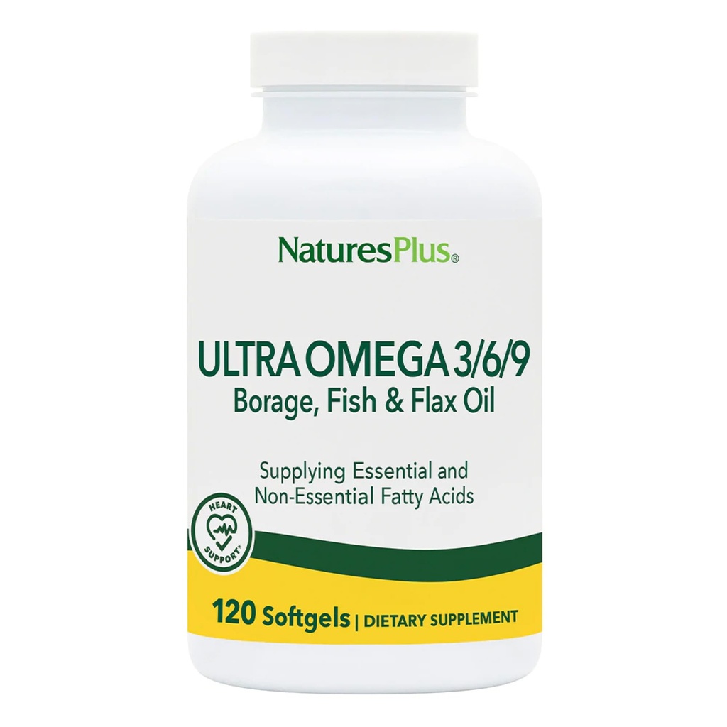 Natures Plus Ultra Omega 3 6 9-1200 mg, 120 Softgels - λάδι Μποράζ, ιχθυέλαιο, συμπλήρωμα λιναριού - χωρίς γλουτένη - 120 σερβιέτες