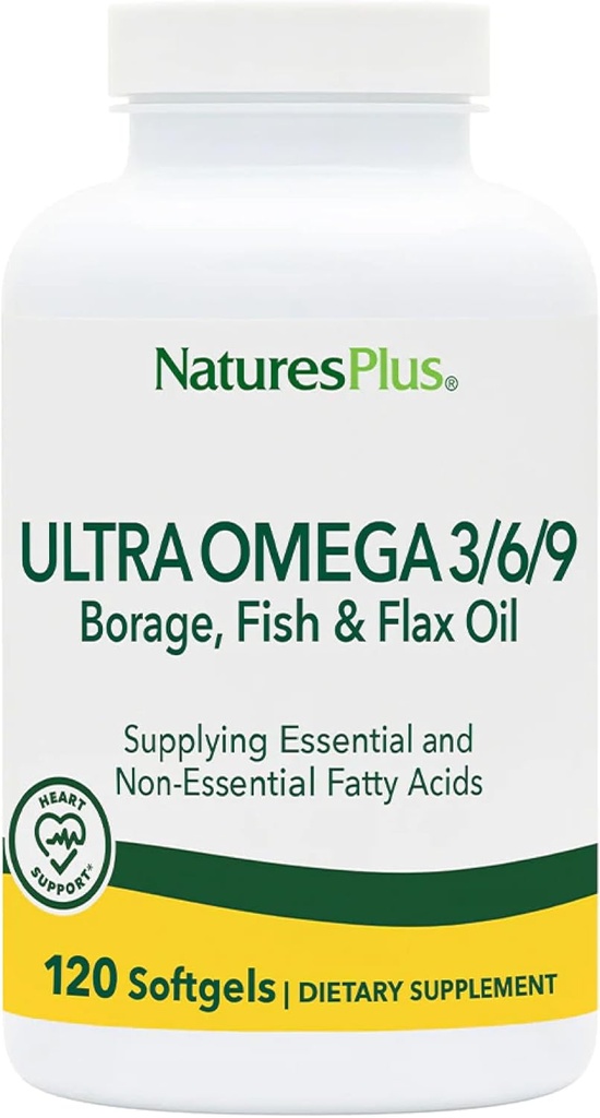 Natures Plus Ultra Omega 3 6 9-1200 mg, 120 Softgels - λάδι Μποράζ, ιχθυέλαιο, συμπλήρωμα λιναριού - χωρίς γλουτένη - 120 σερβιέτες
