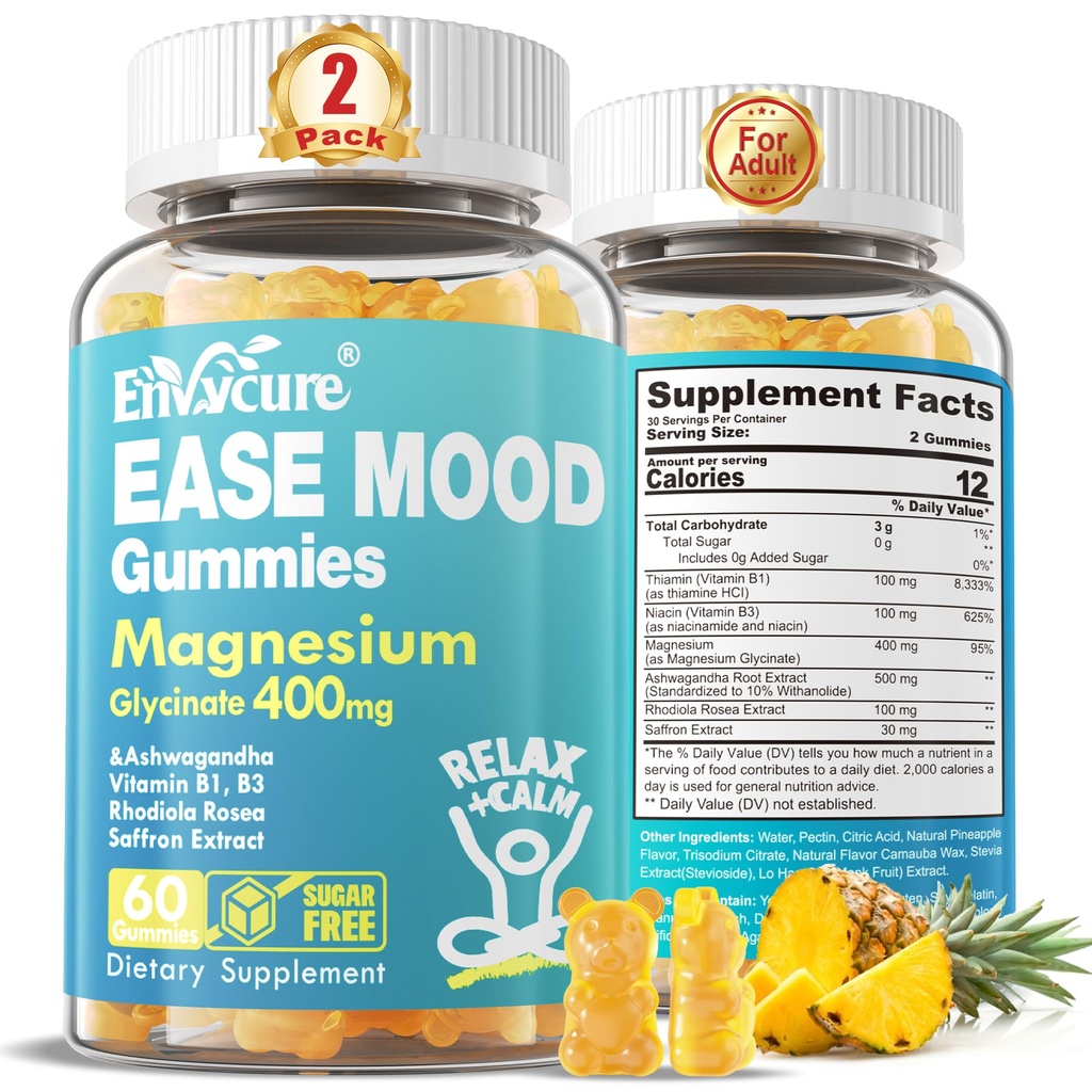 Χωρίς ζάχαρη Μαγνήσιο Γλυκινικό Gummies 400mg με Ashwagandha, B1, B3, Rhodiola Rosea & Saffron για την υποστήριξη Ξεκούραση, Mood & Calm Magnesium Gummies για ενήλικες, Chewable Magnesium Supplement, Vegan, 120Ct