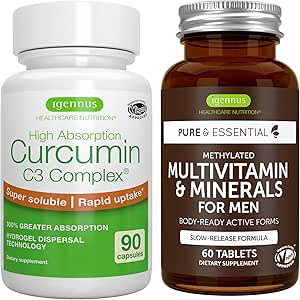 Multivitamin & Minerals for Men + High Absorption Curcumin C3 Complex, Vegan Bundle, Sustained Release Advanced Multivitamin + 300% Greater Absorption Curcuminoids with Rapid Uptake, by Igennus