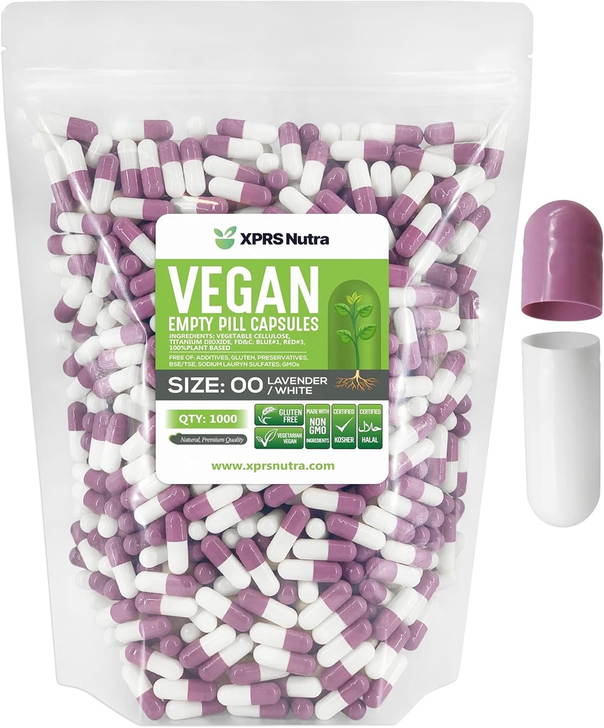 XPRS Nutra Size 00 Κενές κάψουλες - 1000 κάψουλες Vegan Count Empty - Veganian Empty Pills - DIY κάψουλες λαχανικών που γεμίζουν- Veggie Pill Caps (Lavender/White)