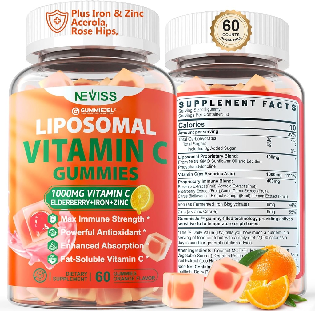 Liposomal Vitamin C 1000mg Gummies for Adults - Βιταμίνη C Chewable 1500mg with 8mg Iron, Zinc & Elderberry - Immune Support, Immune Booster Supplement - for Energy, Collagen Booster, 1Pack Sugar Free