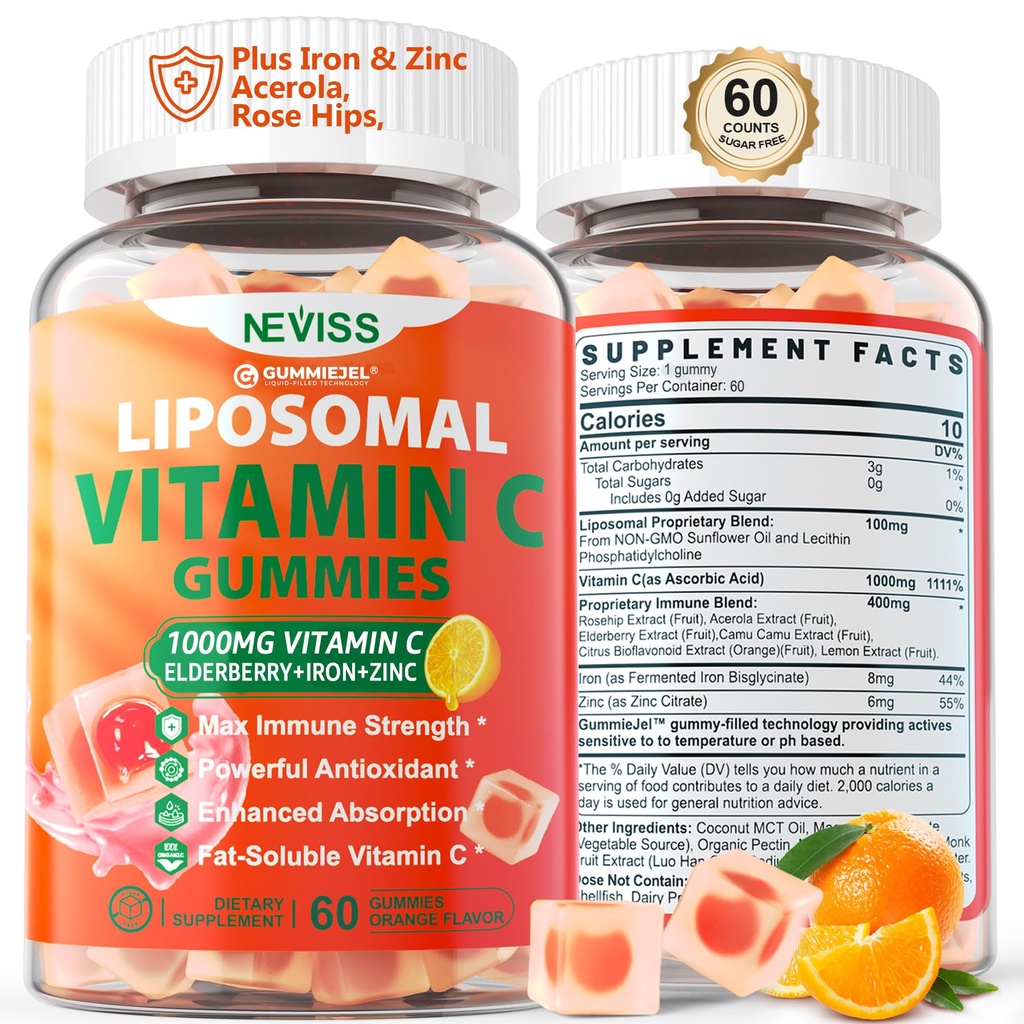 Liposomal Vitamin C 1000mg Gummies for Adults - Βιταμίνη C Chewable 1500mg with 8mg Iron, Zinc & Elderberry - Immune Support, Immune Booster Supplement - for Energy, Collagen Booster, 1Pack Sugar Free