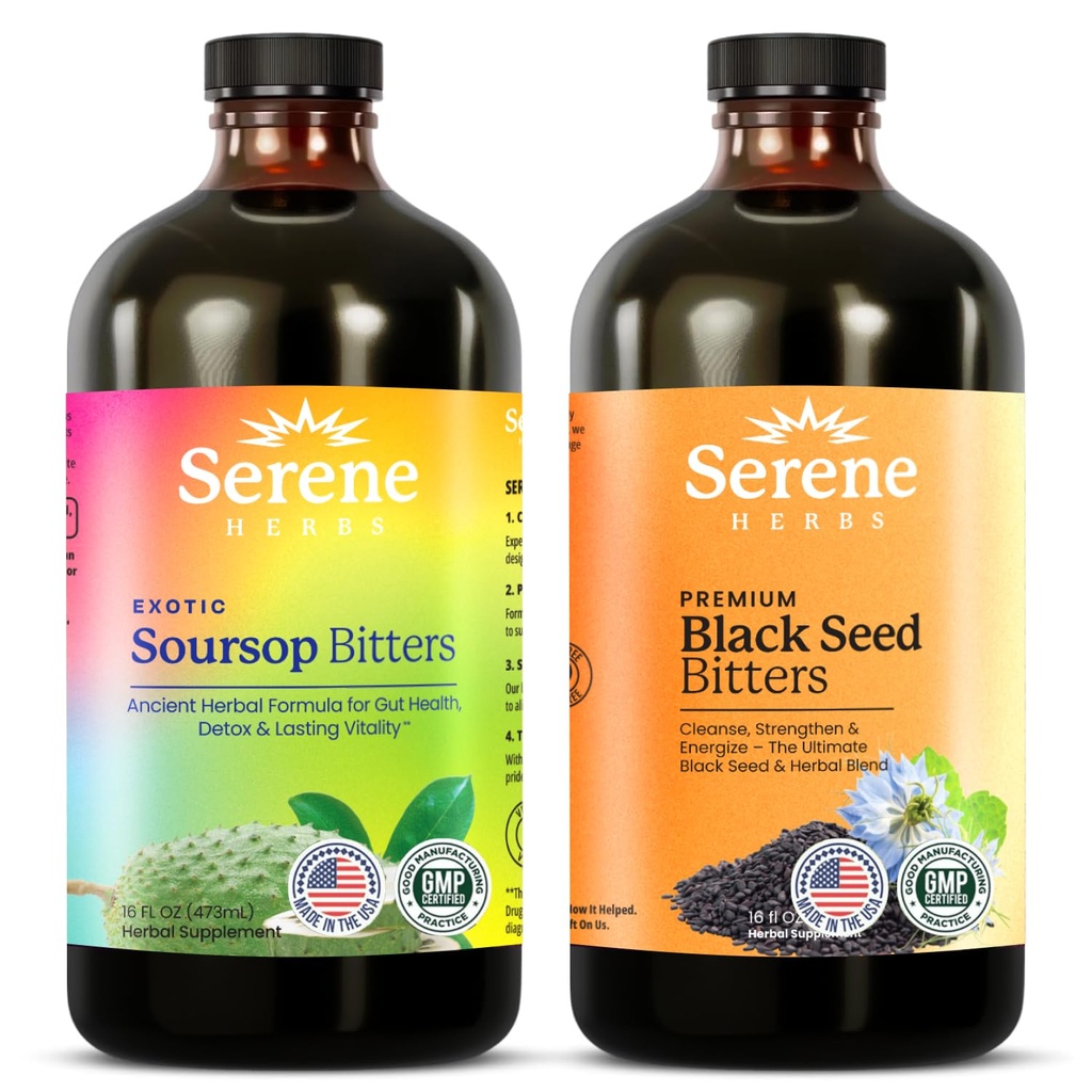Serene Herbs Soursop Bitters Liquid & Black Seed Bundle – Organic Herbal Guanabana for Digestive Support & Immune Health – Vegan, Non-GMO – 32 oz (16 oz Each), 64 Servers