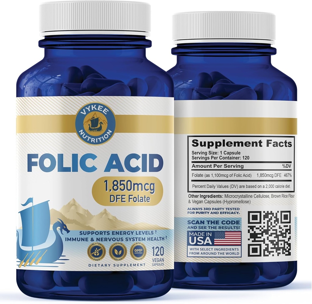 Folic Acid Supplement – Υψηλής ισχύος Βιταμίνη B9 1.870mg DFE Folate, 1.100mg Folic Acid 