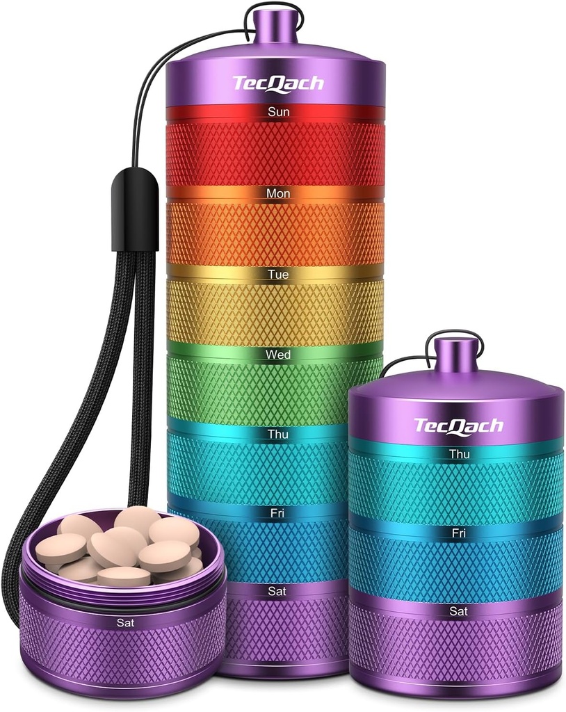 Metal Travel Pill Organizer, Waterproof Weekly Pill Box, Large Aluminum Alloy Portable Pill Case Container, BPA Free 7 Day Daily Medicine Organizer Holder for Vitamin, Supplement, Fish Oil (7 Color)