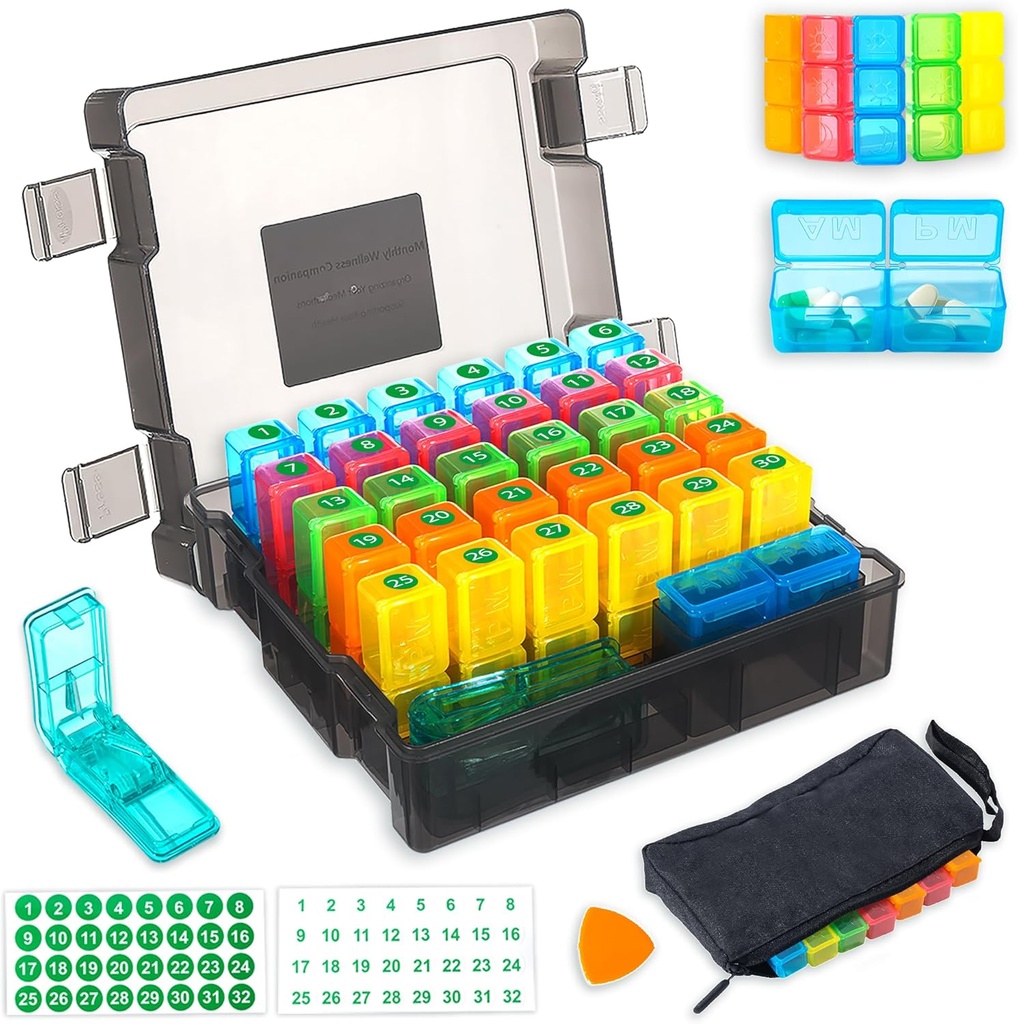 Μηνιαία Pill Organizer 2 φορές την ημέρα με 31-Day Moistureproof Box, Weekly Pill Bag, Pill Cutter, Plastic Opening Pick for Easy Use, Large Capacity for Convenient Medication Management (Black)