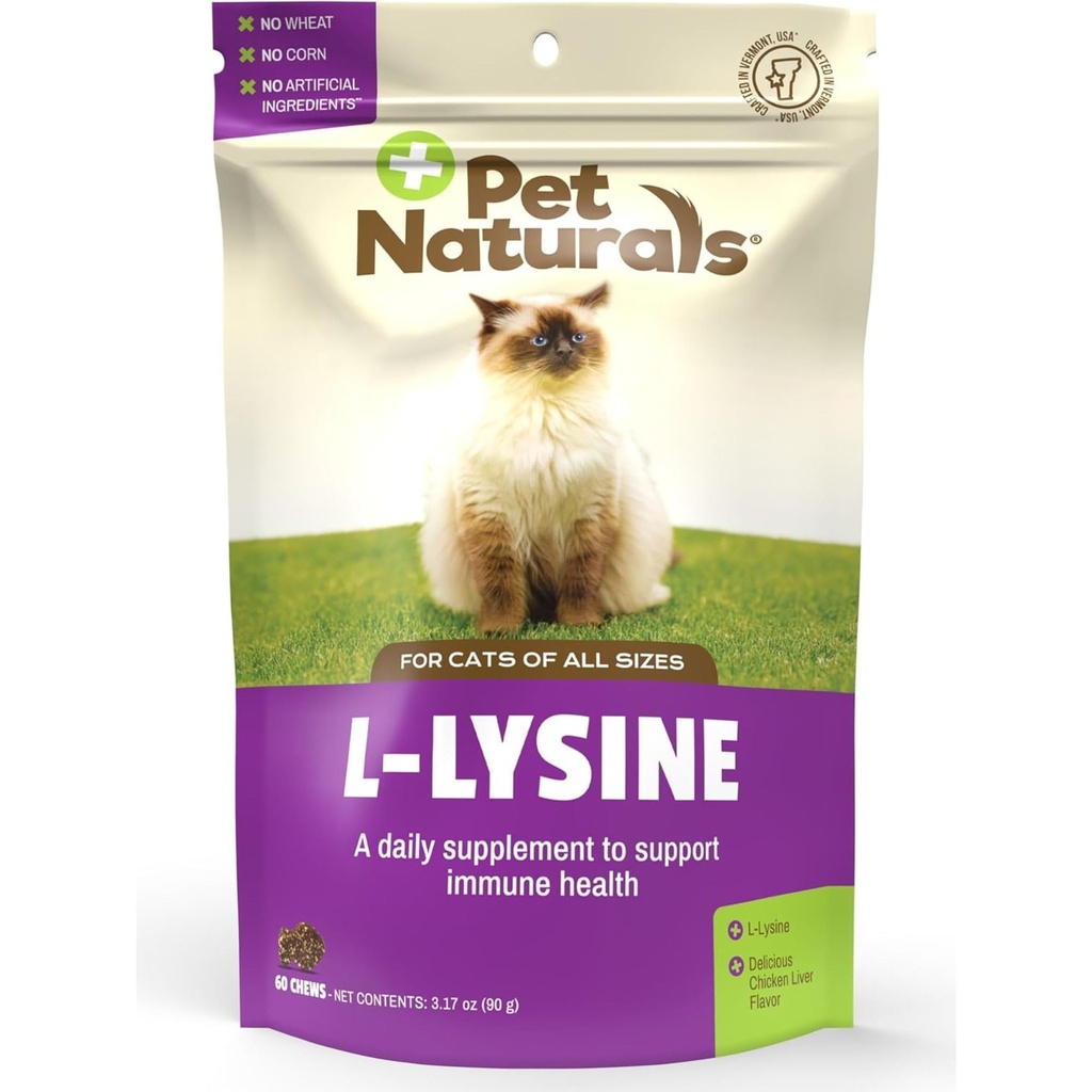 Pet Naturals Lysine για γάτες, κοτόπουλο άρωμα, 60 μάσημα - ανοσοποιητική και αναπνευστική υποστήριξη για γάτες - Χωρίς σιτάρι ή καλαμπόκι - Vet συνιστάται