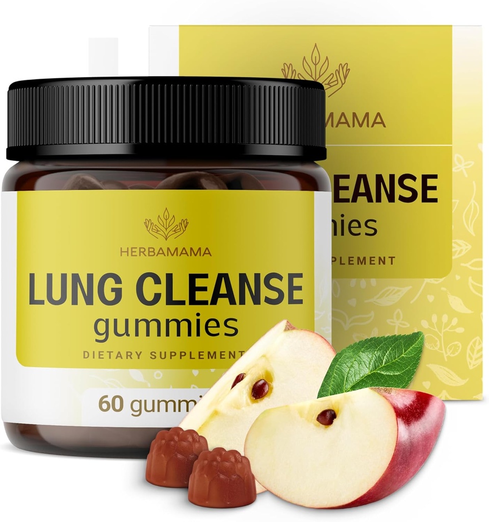 HERBAMAMA Lung Detox Gummies - Βότανο Complex with Mushroom Blend for Lung Cleanse - Vegan, Συμπλήρωμα αναπνευστικής στήριξης μη ΓΤΟ - 60 Pectin-based Apple-Flavored Chews