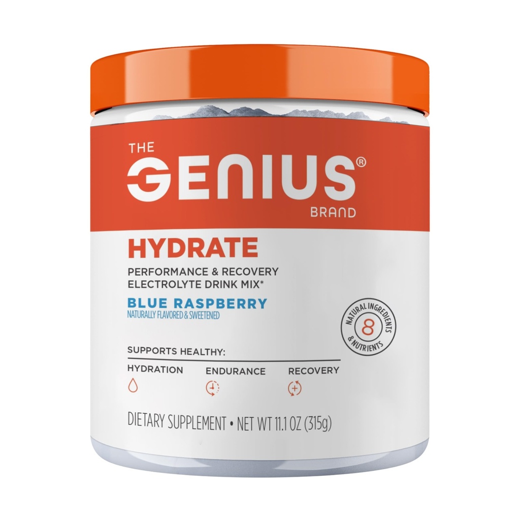 The Genius Brand Genius Hydrate - Συμπλήρωμα ηλεκτρολυτών για Καθημερινή Ενυδάτωση - Νερό καρύδας - Χωρίς ζάχαρη - 8 Βασικά Ορυκτά & Θρεπτικά συστατικά - Μη ΓΤΟ - Μπλε Βατόμουρο - 50 Σερβιέτες