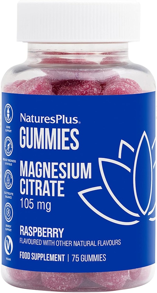 NaturesPlus Gummies Magnesium Citrate - 75 Gummies, Raspberry - Βοηθά να ηρεμήσουν το μυαλό και το σώμα, υποστηρίζει την πυκνότητα των οστών - χορτοφαγικά, χωρίς γλουτένη, μη GMO - 25 εξυπηρετούν