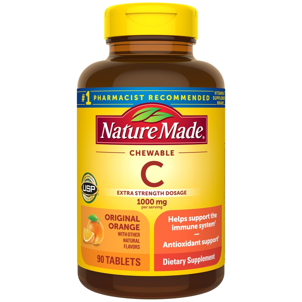 Nature Made Extra Strength Δοσολογία Μασώμενη Βιταμίνη C 1000 mg ανά μερίδα, Βιταμίνη C Chewable Dietary Supplement for Immune Support, 90 Tablets, 45 Day Supply