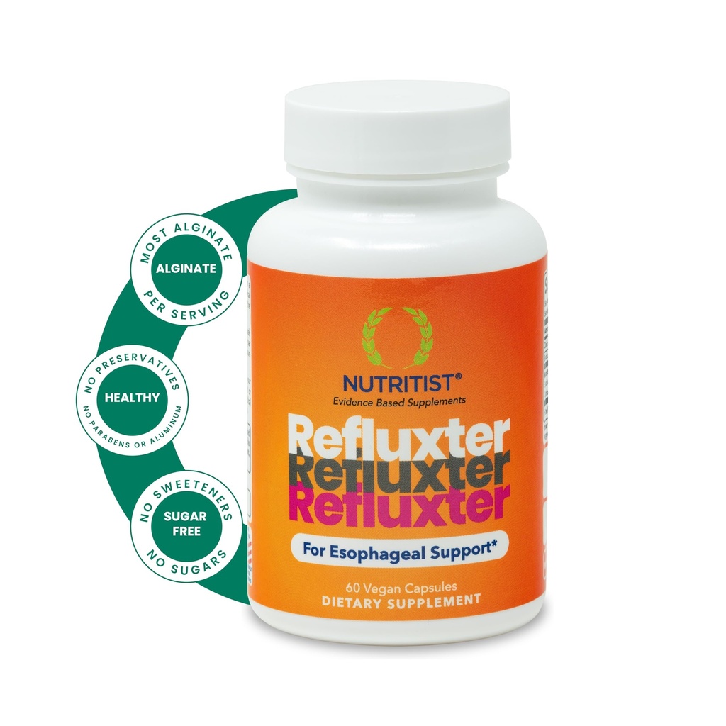 Refluxter Αλγινικό νάτριο Κάψουλες – Φυσικό οξύ Reflux & GERD συμπλήρωμα ανακούφισης. Υποστηρίζει LPR, Silent Reflux, Heartburn, Δυσπεψία. Αλγινικό φάρμακο. Αλγκινάτο του Σόντιο. 60 Κάψουλες Vegan