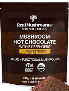 Real Mushrooms Unsweetened Hot Chocolate Mix with 5 Defenders – Reishi, Chaga, Turkey Tail, Maitake, Shiitake – Coco Powdered Unsweetened – Organic Cacao Powder Supplement, Vegan, 15 Servings