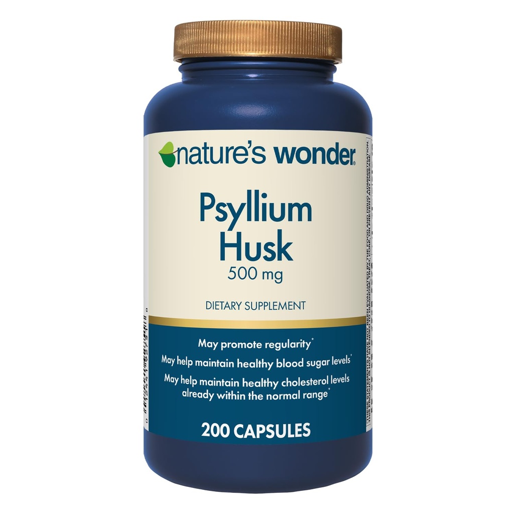 Nature's Wonder Psyllium Husk 500 mg Κάψουλες για Digestive Health, Plant-based Fiber, 200 Count