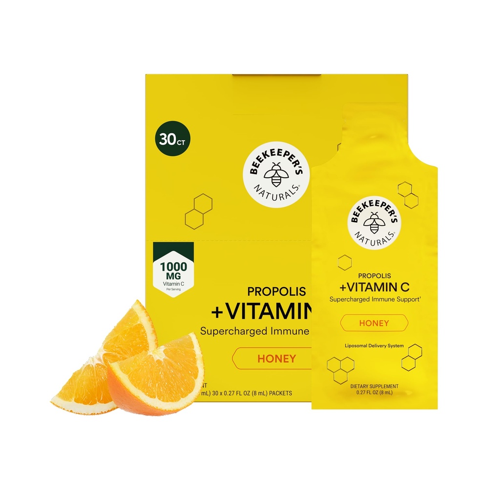 Propolis Liposomal Vitamin C by Beekeeper's Naturals, 1000mg Vitamin C, Propolis & Organic Honey, Supercharged Immune Support & Increased Bioavailibity for Max Absorption, 30 Ct