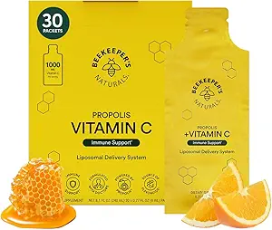 Propolis Liposomal Vitamin C by Beekeeper's Naturals, 1000mg Vitamin C, Propolis & Organic Honey, Supercharged ανοσοποιητική υποστήριξη & αυξημένη βιοαπορρόφηση, 30 Ct