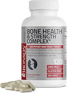 Bronson Bone Health & Strength Complex* High Potency Formula 200 MCG βιταμίνης K2 ως MK7, Plus Ασβέστιο, Βόριο, Cissus Quadrangularis, Μαγνήσιο, Βιταμίνη D3, και Περισσότερα - Μη ΓΤΟ, 120 δισκία