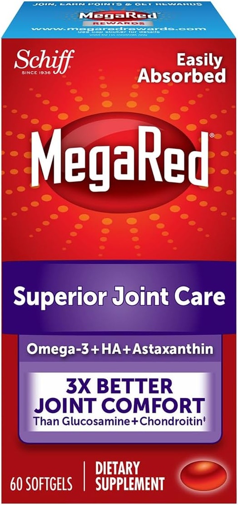 Omega-3 Krill Oil and Joint Supplement - Megared Joint Care 60 softgels - λιπαρά οξέα EPA/DHA, αντιοξειδωτικά, υαλουρονικό οξύ, χωρίς επίγευση ψαριού όπως με το ιχθυέλαιο