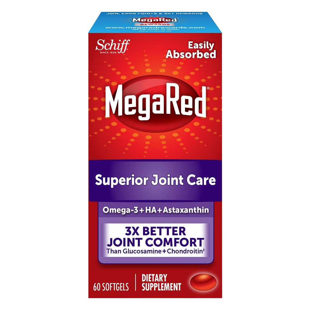 Omega-3 Krill Oil and Joint Supplement - Megared Joint Care 60 softgels - λιπαρά οξέα EPA/DHA, αντιοξειδωτικά, υαλουρονικό οξύ, χωρίς επίγευση ψαριού όπως με το ιχθυέλαιο