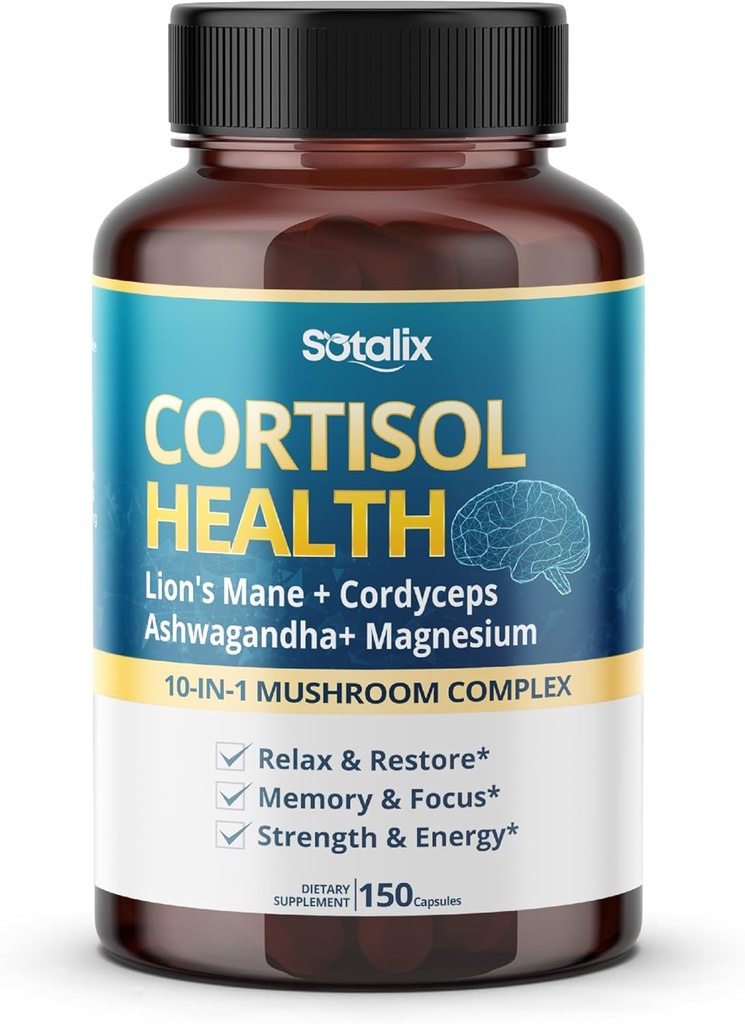 Cortisol Health Supplement with Magnesium, Ashwagandha, Lion’s Mane & 10 Mushroom Complex – Relaxation, Focus & Energy Support – 150 κάψουλες – Sotalix – USA Made, GMO-Free