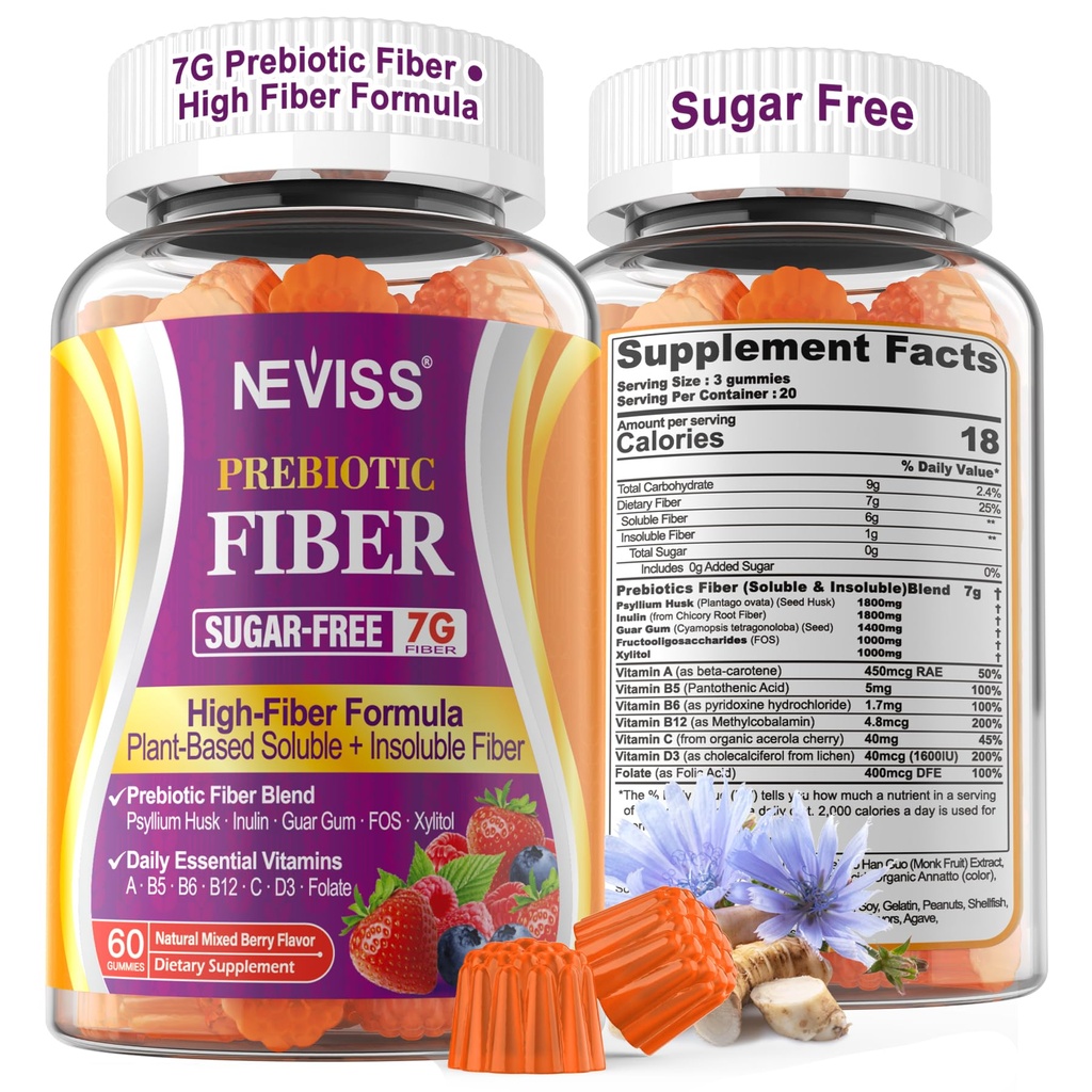 1Pack Fiber Gummies for Adults with Psyllium Husk, 7G (Διαλυτή + αδιάλυτη) Καθημερινή Προβιοτική Ίνα με Ινουλίνη, FOS, Guar Gum, Πολυβιταμίνες για την Καθημερινή Πεπτική Υγεία, Υποστήριξη Ούρων Κανονικότητας, Χωρίς ζάχαρη