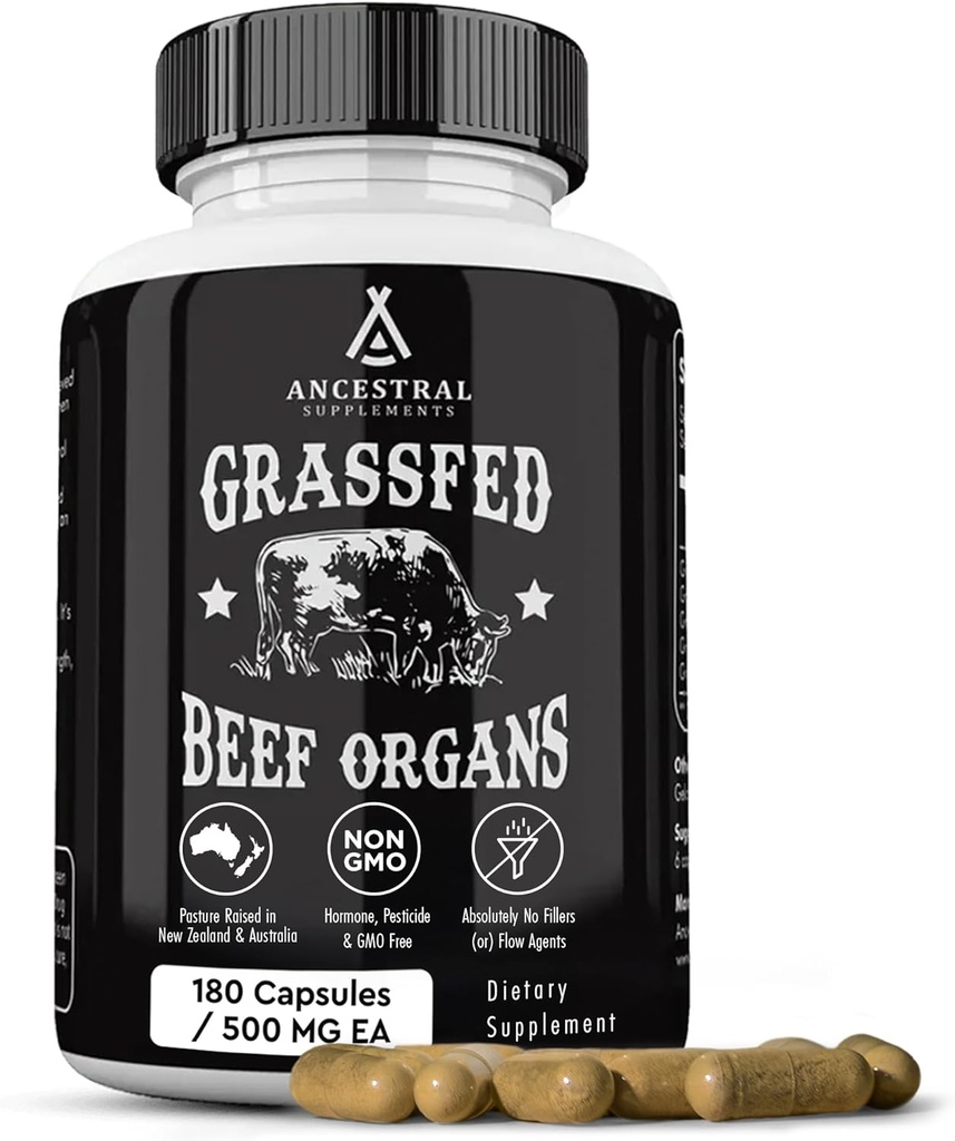 Προγονικά συμπληρώματα Grass Fed Beef Organ Supplement, υποστηρίζει όλη την ευεξία του σώματος με ιδιόκτητη ανάμειξη του ήπατος, της καρδιάς, του νεφρού, του παγκρέατος, του σπλήνα, του κατεψυγμένου βοείου κρέατος, μη ΓΤΟ, 180 κάψουλες