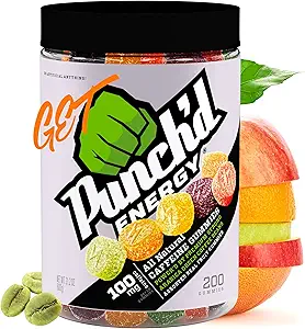 Punch'd Energy Natural Caffeine Gummies (200 Count Value Jar) 100mg of Caffeine per 10 Gummies, Clean Label, Ultra Low Glycemic, Low Calorie, Vitamin C