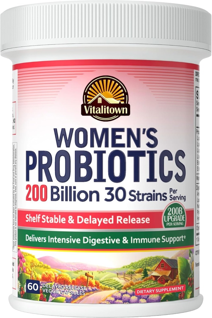 Vitalitown Women’s Probiotics | 200 Billion CFUs 30 Strains | 60 ct | Shelf Stable, Acid Resistant | Replenish Good Bacteria, Intensive Digestive & Vaginal Support | Vegan, Non-GMO