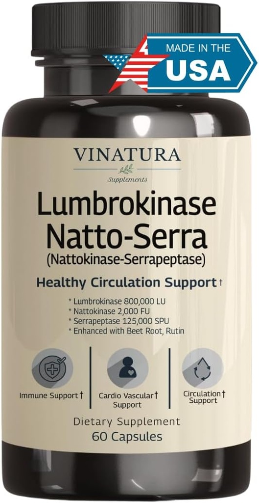 VINATURA Lumbrokinase, Nattokinase 2000FU & Serrapeptase - USA Made & Tested, Συμπληρώματα Κυκλοφορίας της Nattokinase Serrapeptase (Natto-Serra), Rutin, Beetroot, Lumbrokinase Supplement