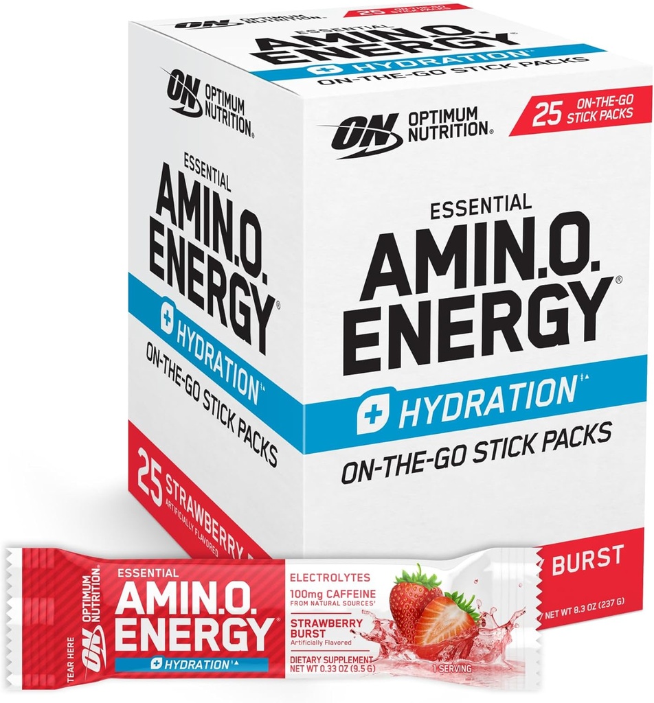 Βέλτιστη διατροφή Amino Energy Plus πακέτα ενυδάτωσης, On-The-Go Ενεργειακά πακέτα σκόνης, Φράουλα Burst, 25 κόμης