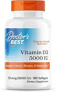 Doctor's Best Vitamin D3 5000IU, Non-GMO, Gluten & Soy Free, Regulates Immune Function, Supports Healthy Bones, White, No Flavour, 180 Count