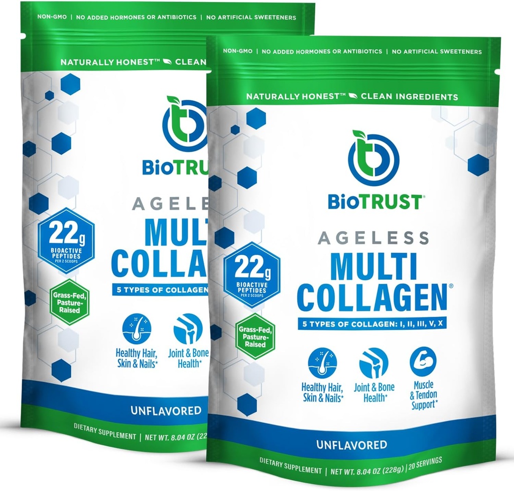 BioTrust Ageless Multi Collagen Peptides Σκόνη – 5 Τύποι (I, II, III, V, X) – Unflaved Collagen Powder for Women & Men – Hydrolyzed Protein – Grass Fed Beef, Fish, Chicken, Eggshell Membrane, 2-pk