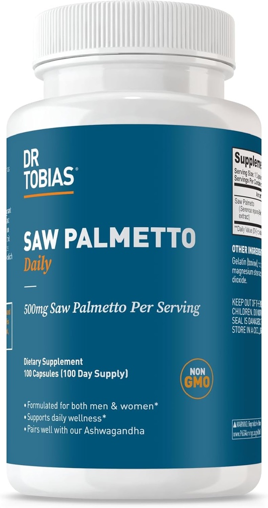 Dr. Tobias Saw Palmetto Supplement, Supports Urinary Health, Hormonal Balance, Prostate Health, & Hair Vitality, Saw Palmetto for Men & Women, 500mg Per Serving - 100 Capsules, 100 Servings