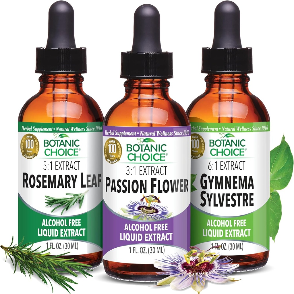 Botanic Choice Passion Flower, Rosemary Leaf, & Gymnema Sylvestre Extracts Bundle – Καθημερινή συνολική συσκευασία ευεξίας για τη συνολική ευεξία (1 fl. Oz. Κάθε)