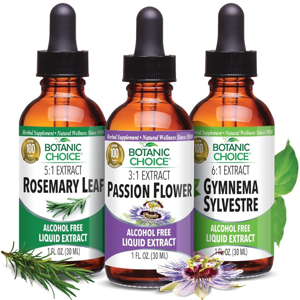 Botanic Choice Passion Flower, Rosemary Leaf, & Gymnema Sylvestre Extracts Bundle – Καθημερινή συνολική συσκευασία ευεξίας για τη συνολική ευεξία (1 fl. Oz. Κάθε)
