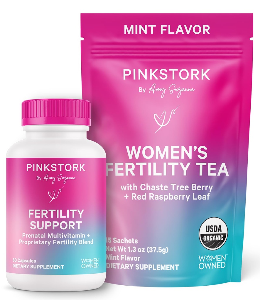 Pink Stork Fertility Bundle for Women – Τσάι σύλληψης + Προγεννητική υποστήριξη βιταμίνης με Inositol, Vitex, Folate & Ashwagandha – Υποστηρίζει ισορροπία ορμονών, Cycle Health & Preconception Wellness