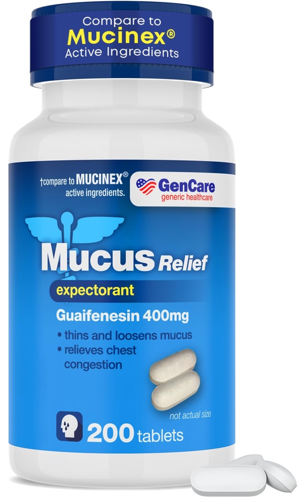 GenCare Mucus Relief Reventorant Guaifenesin 400 mg 200 Tablets Value Pack - Γρήγορη Δράση Λιποθυμία των Mucus για το κρυολόγημα, τη συμφόρηση στο στήθος, τη γρίπη, το βήχα και τις αλλεργίες