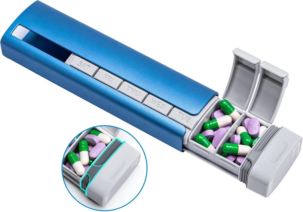 Daviky Metal Travel Pill Organizer, Premium Pill Box 7 Day, Weekly Daily Pill Case, Stylish & Cute Pill Holder για φάρμακα, συμπληρώματα και βιταμίνες (Blue+Gray)