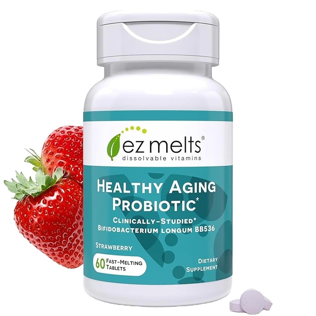 EZ Melts Healthy Aging Probiotic - Daily Probiotic for Digestive & Gut Health Support - with Bifidobacterium Longum - Non-GMO & Vegan - Strawberry - 60 Dissolvable Tablets (60 Servings)