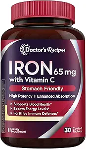 Doctor's Recipes Iron Supplement 65 mg with Vitamin C - Μεγιστοποιημένη Απορρόφηση & Στομάχι Φιλικά Χάπια σιδήρου για τα κόκκινα αιμοσφαίρια Σχηματισμός, καρδιά, εγκέφαλος και ανοσία Υγεία - Vegan Non-GMO 30 Σιδήρου δισκία